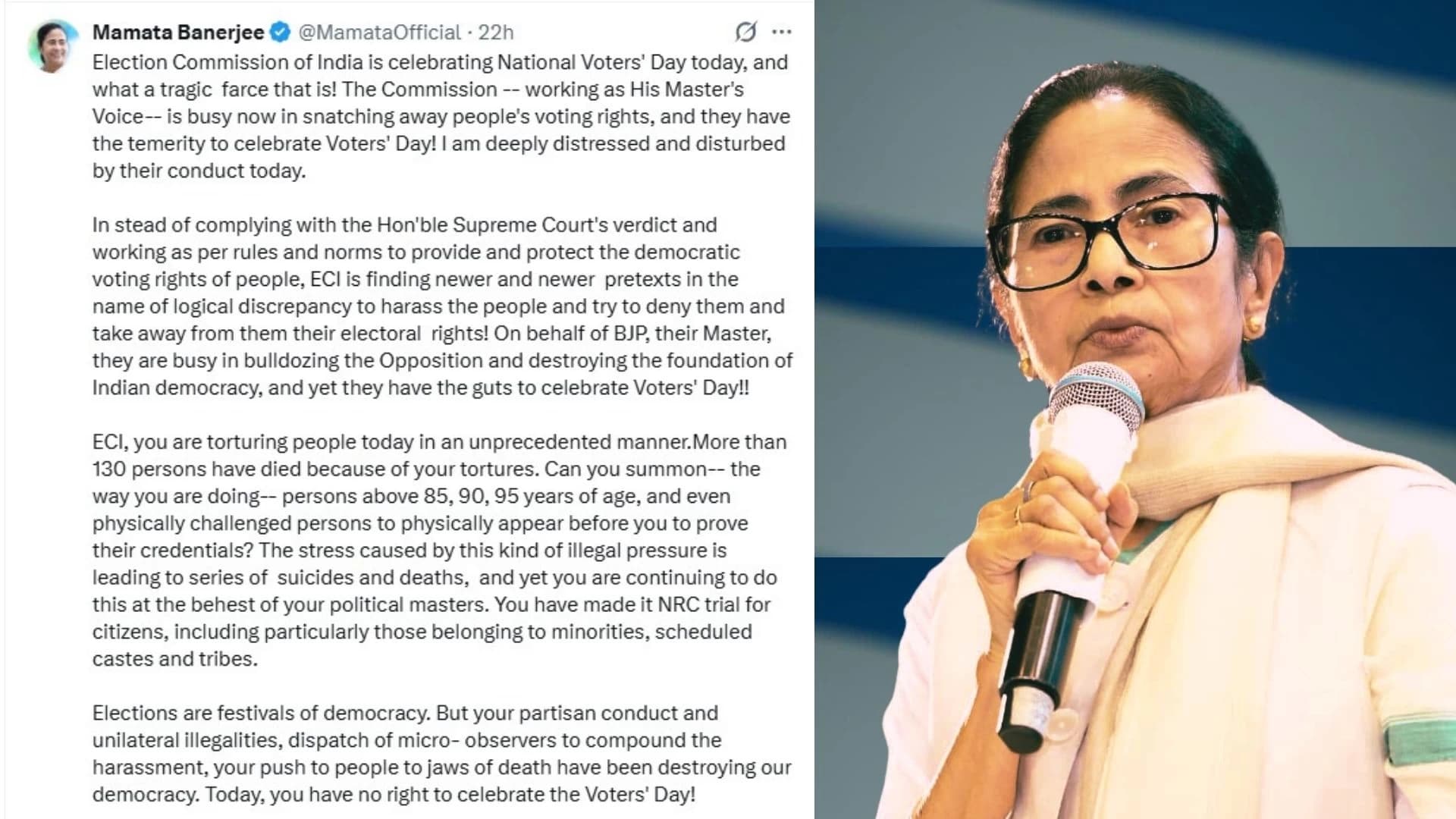 Mamata Banerjee Blasts ECI on National Voters' Day, Labels Celebration a 'Tragic Farce' Amid Bengal SIR