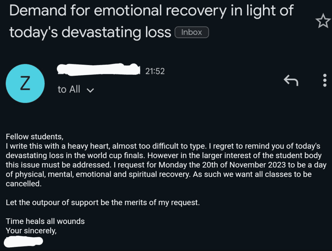 ‘A day of physical, mental, emotional and spiritual recovery’, student sends an email to the authorities demanding a leave in light of India’s ‘devastating loss’