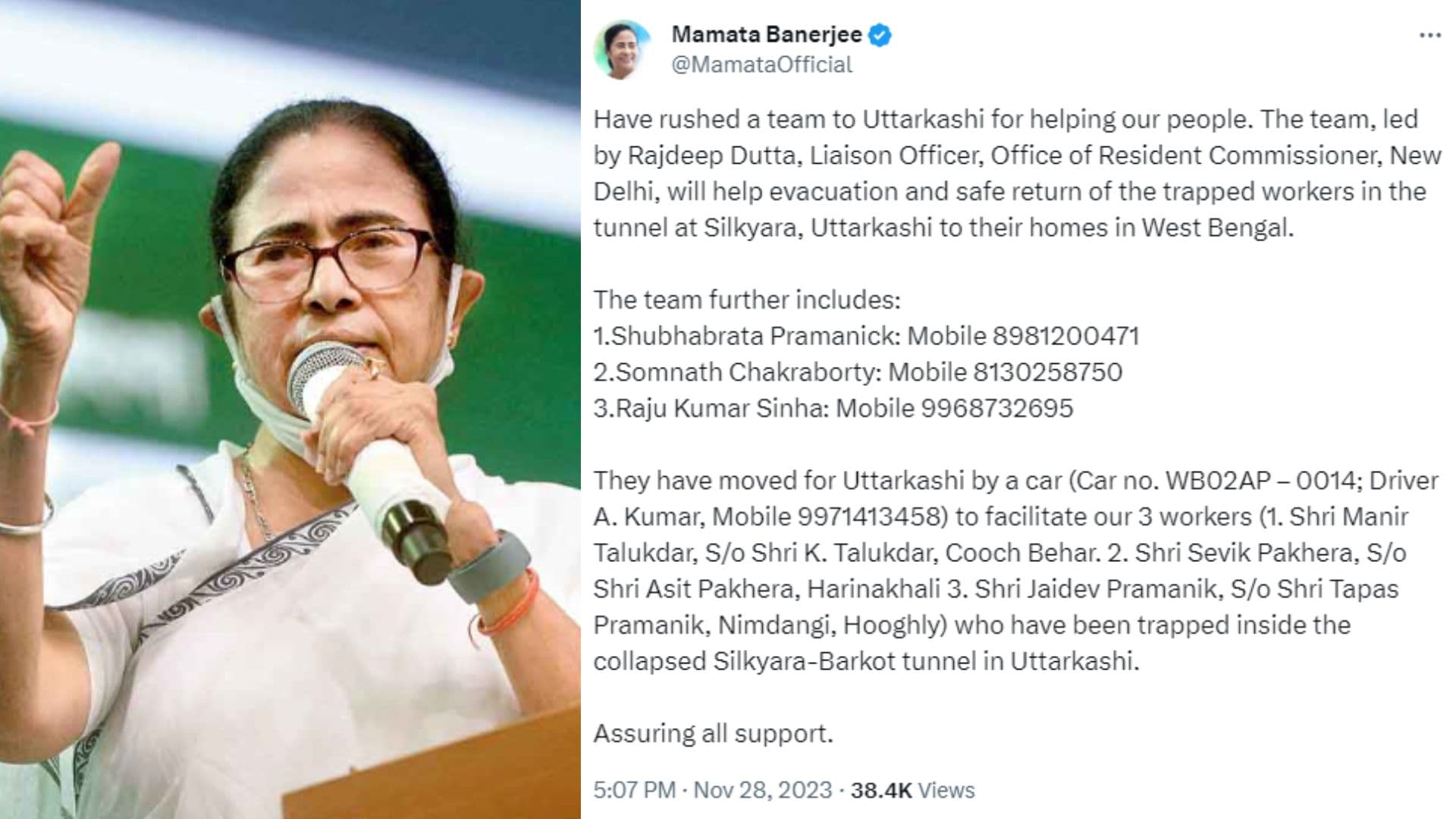 Mamata Banerjee sends a team to aid Bengal workers trapped inside the  Uttarakhand tunnel