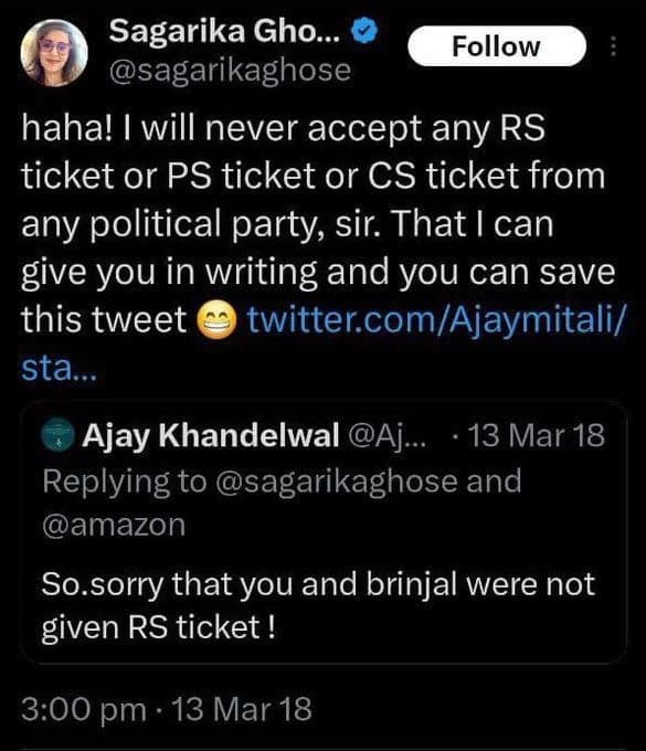 Journalist Sagarika Ghose is TMC’s surprise pick for Rajya Sabha; Netizens remind her “never say never”
