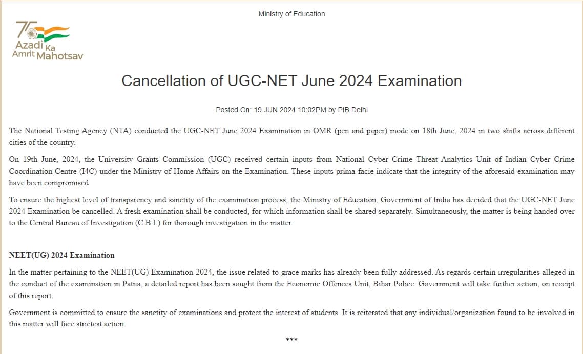 "Integrity of the Exam Compromised...": Ministry of Education cancels UGC-NET June 2024 Exam
