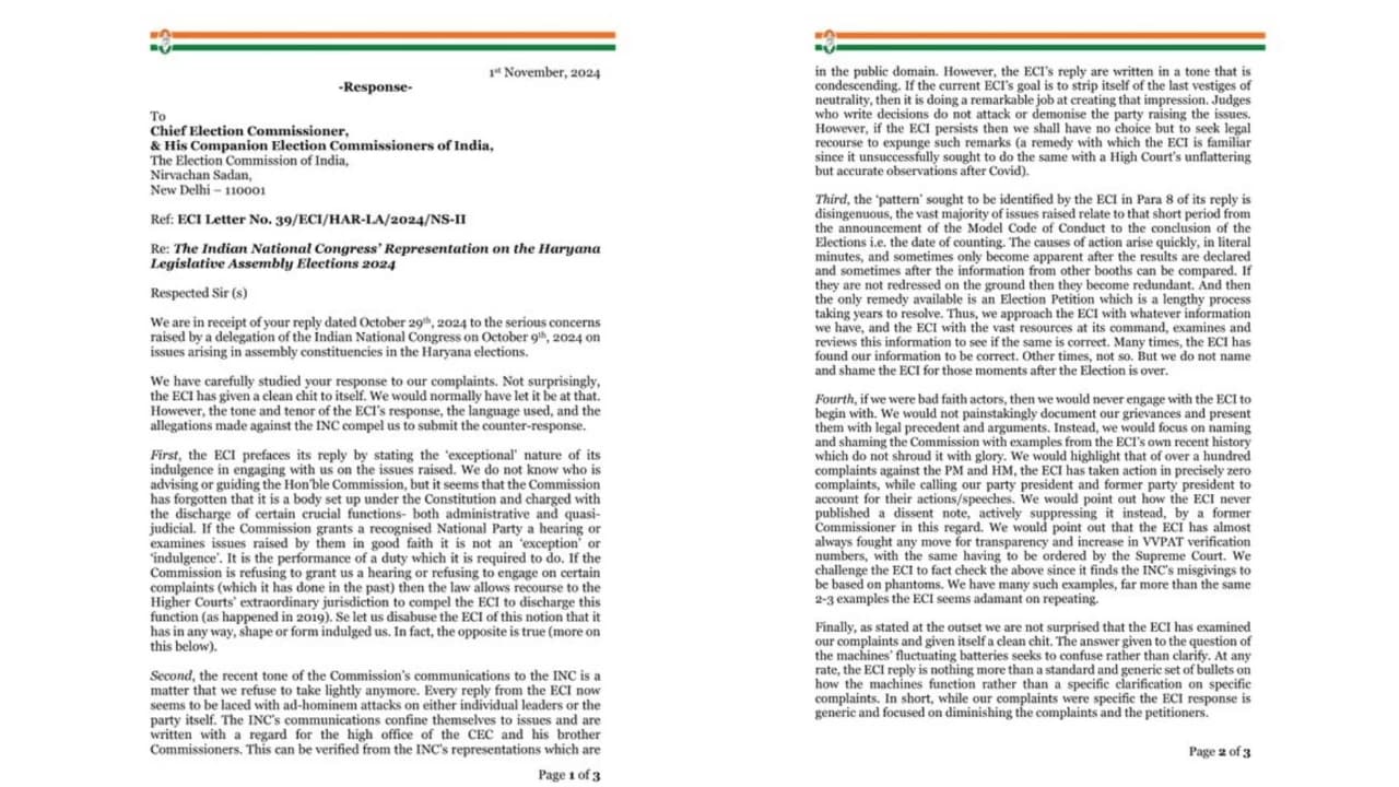 "Replies are in a tone that is condescending...": Congress Hits Back at Election Commission Over Haryana Elections Response
