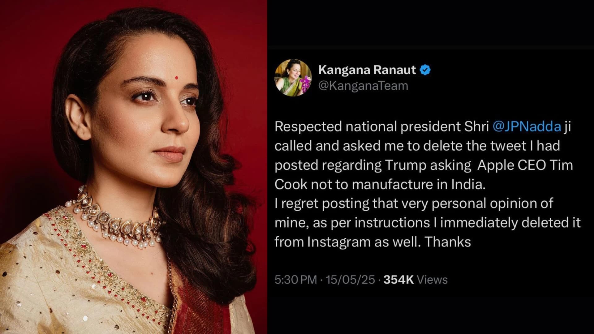 Kangana Ranaut Deletes Controversial Trump Post After BJP Chief's Directive
