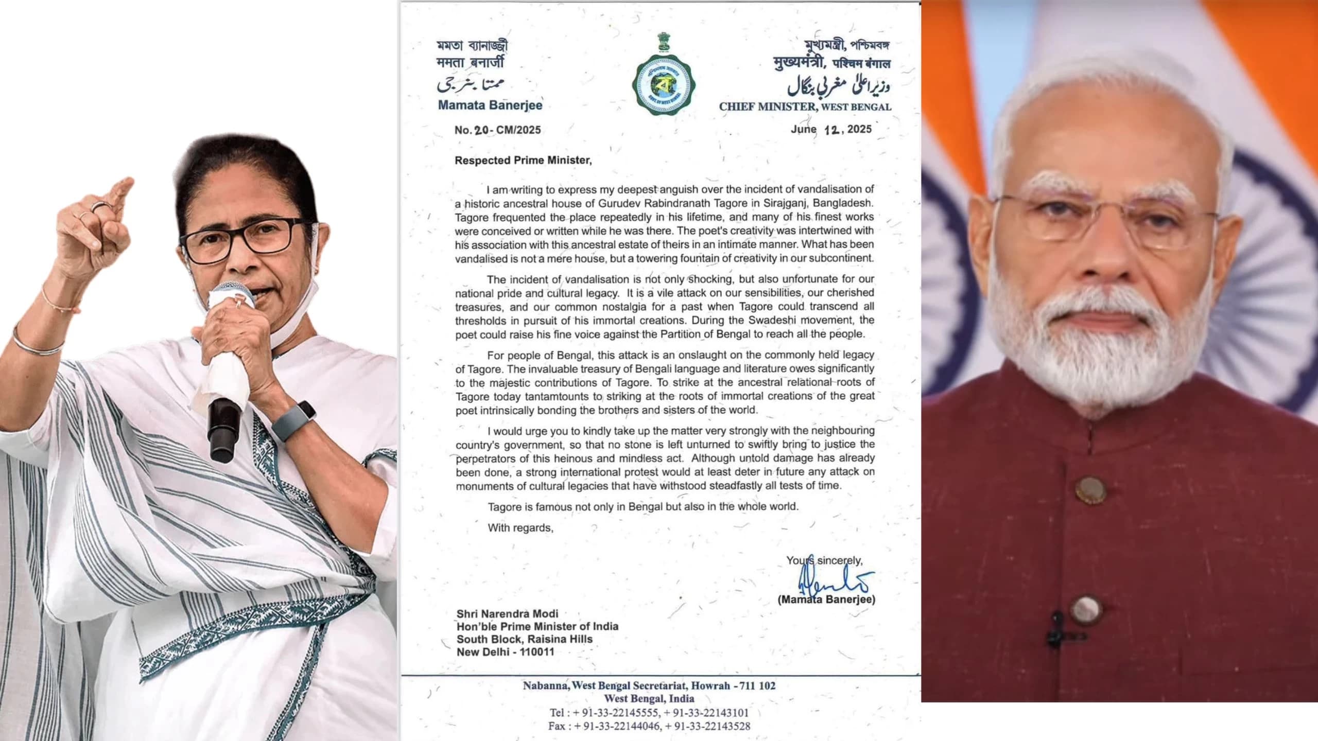 Mamata Banerjee Urges PM Modi to Intervene After Vandalism of Tagore's Ancestral Home in Bangladesh