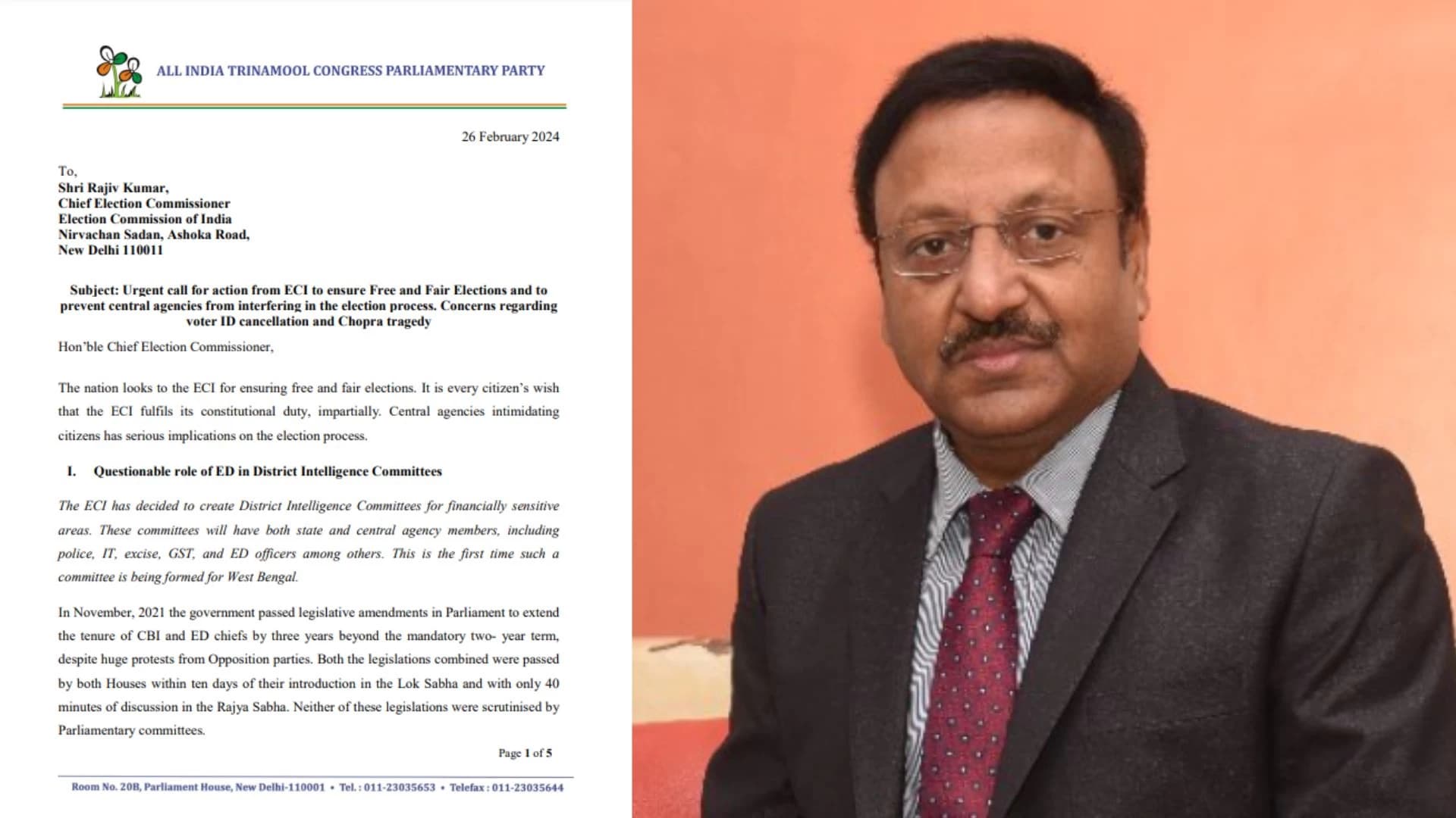 TMC delegation meets the Chief Election Commissioner; Highlights Aadhar Card Deactivation, Role of the Enforcement Directorate in District Intelligence Agencies and the Conduct of Central Forces in Bengal